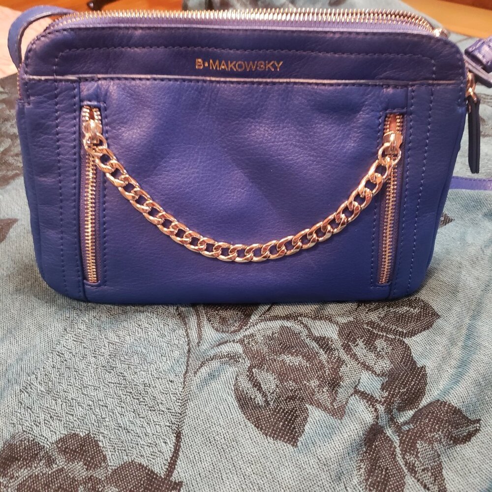 b. makowsky Royal Blue Leather Crossbody with Gold Chain Trim